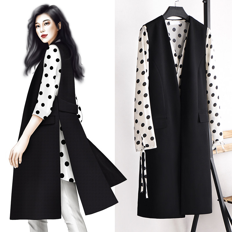 Charlene Suit Vest Woman Medium Long Version New Spring Autumn Spring Extra-virgin Hitch Black Belt West Suit Waistcoat 800 @