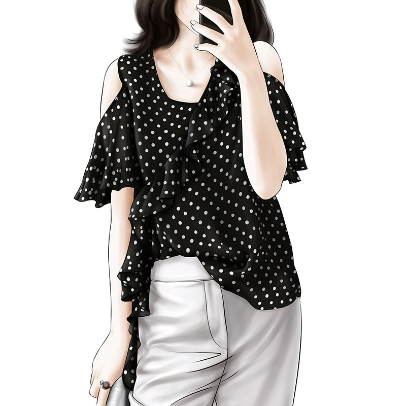 French age-reducing sweet and salty romantic wave point ruffle V-neck strapless chiffon top female