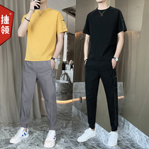 Summer casual suit mens set of clothes 2021 new mens short sleeve T-shirt with 9-point pants handsome two-piece set