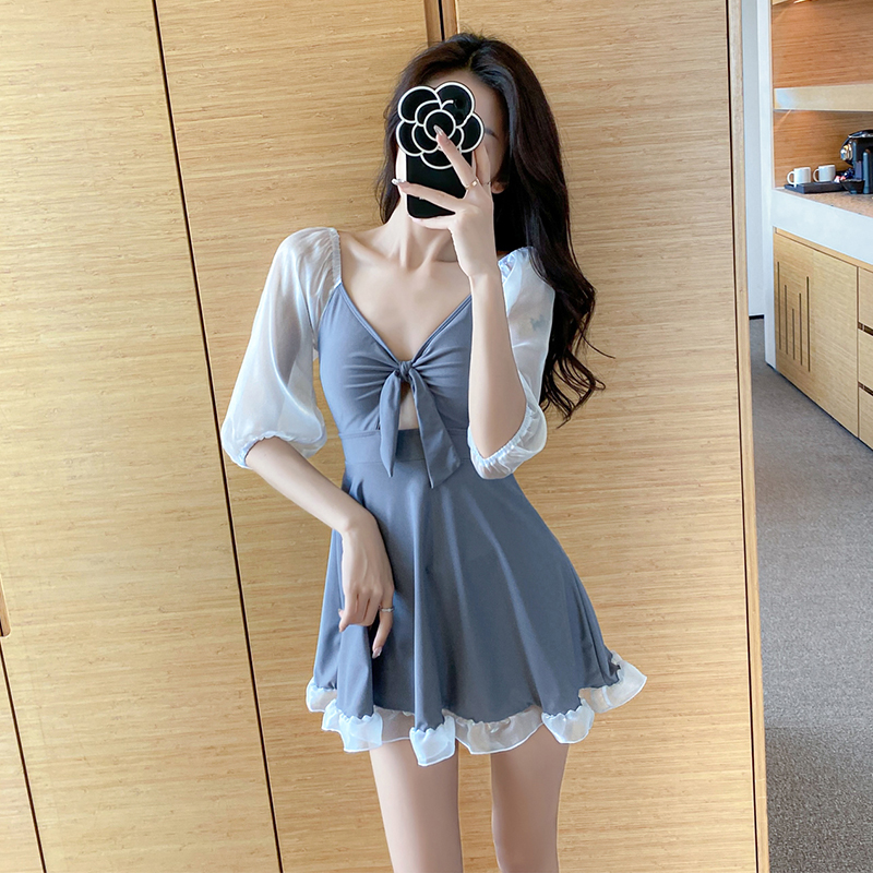 Swimsuit female Xia Xianqi conservative student with long sleeves covered with slim fit 2021 new little fresher spa even with swimsuit