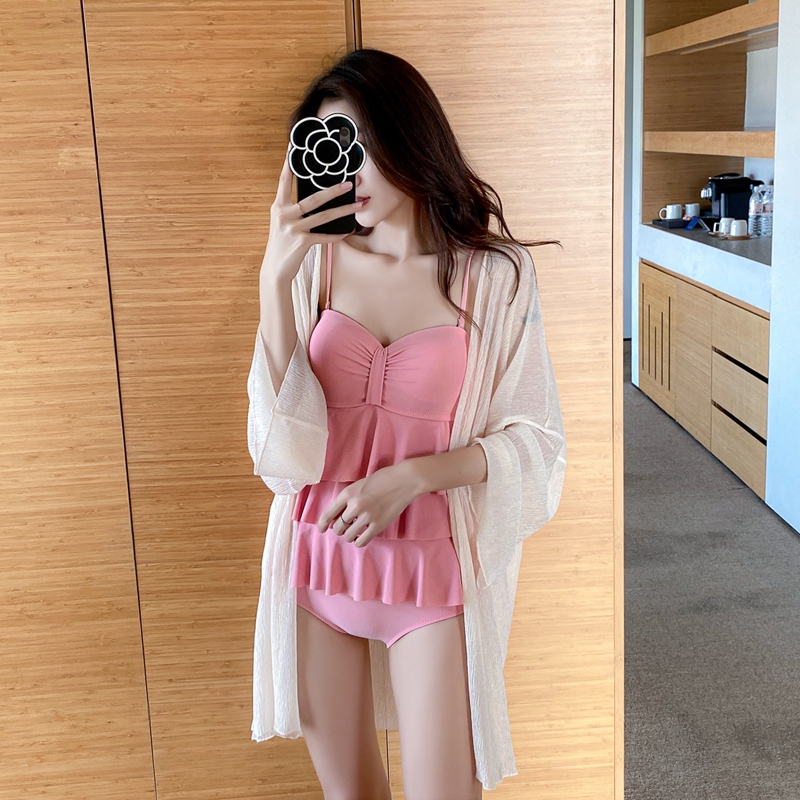 One-piece swimsuit Female sense ins wind small chest gathered fairy fan cover belly thin conservative two-piece hot spring swimsuit