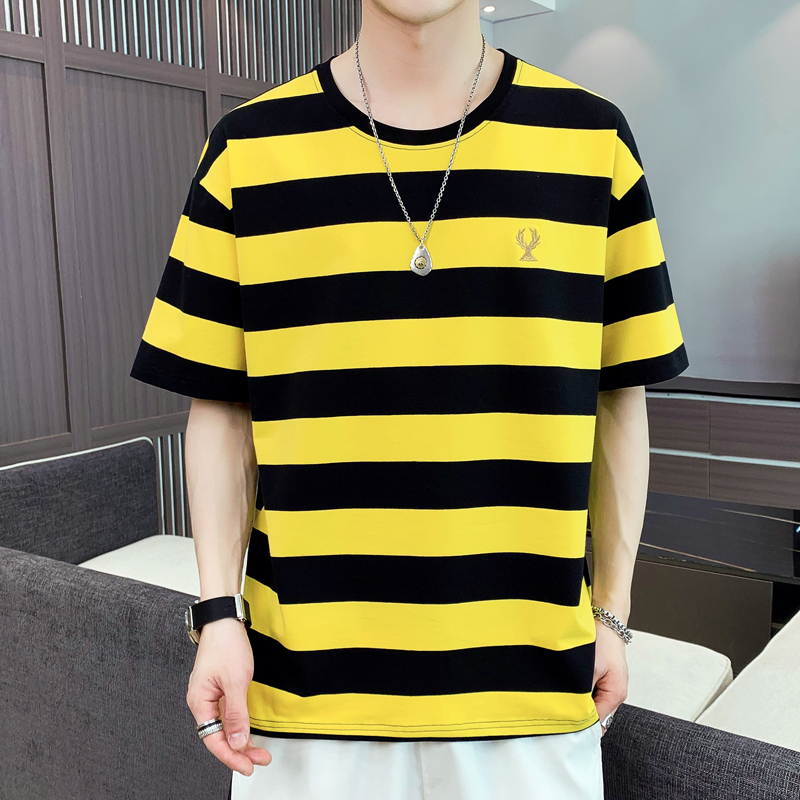 Striped T-Shirt Short-Sleeve Men's 2024 Summer New Trendy Ins Loose Half-Sleeve Men's Fashion Brand Top Clothing