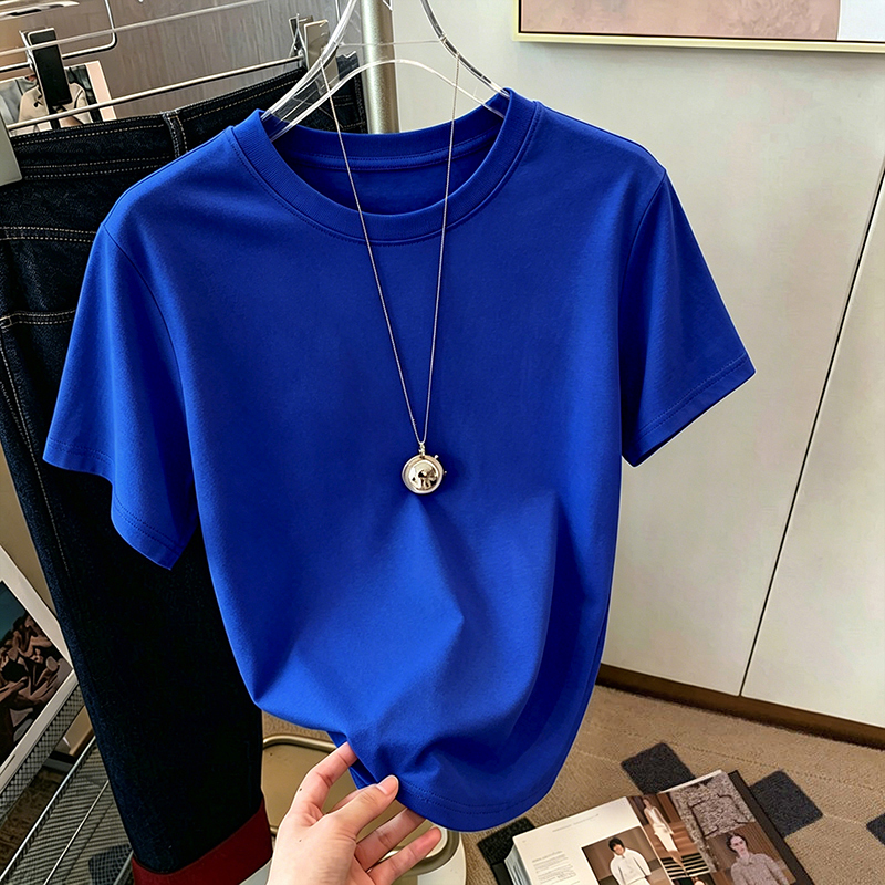 2026 Summer New Klein Blue Regular Shoulder Short Sleeve T-Shirt for Women, Pure Cotton, Simple and Versatile Basic Top 2026 Summer New Klein Blue Regular Shoulder Short Sleeve T-Shirt for Women, Pure Cotton, Simple and Versatile Basic Top
