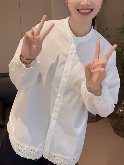 Lace Patchwork White Shirt for Women, Spring and Autumn 2025 New Fashion Casual Solid Color Chiffon Shirt, Loose Stand Collar Top