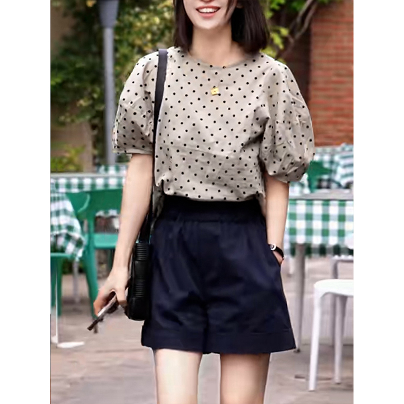 High-End Puff-Sleeve Polka-Dot Short-Sleeve Shirt for Women, 2026 Summer New French-Style Chic Niche T-Shirt, Polka-Dot Top
