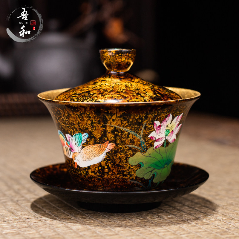 I and the lacquer tea set with large paint gold - painted 24K hand - painted lotus covered bowl of pure hand ceramic triple flowers and birds to make tea bowl
