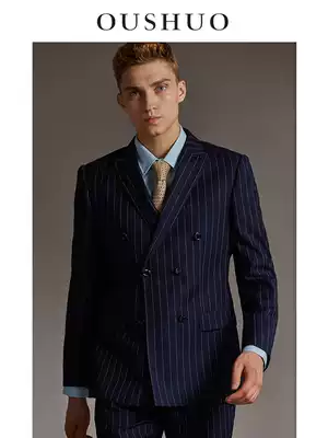 Ou said men's double-breasted suit suit Korean version of slim banquet groom wedding dress British style striped suit