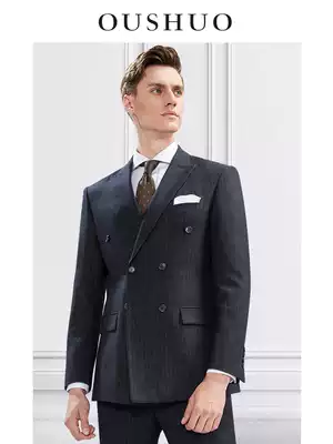 Double-breasted suit men's suit British gray stripe business casual suit men's dress slim groom wedding dress