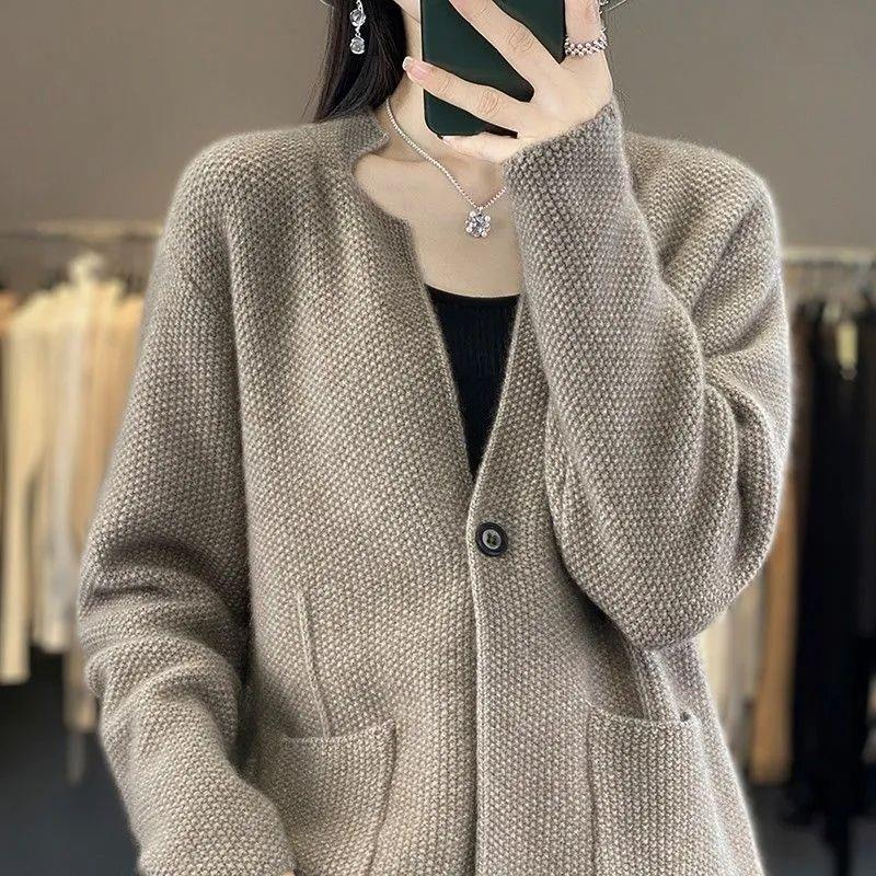 Lazy Style Autumn and Winter New Versatile Knitwear, Stylish Loose Solid Color Women's Cardigan, Thickened Outerwear Sweater Knitwear