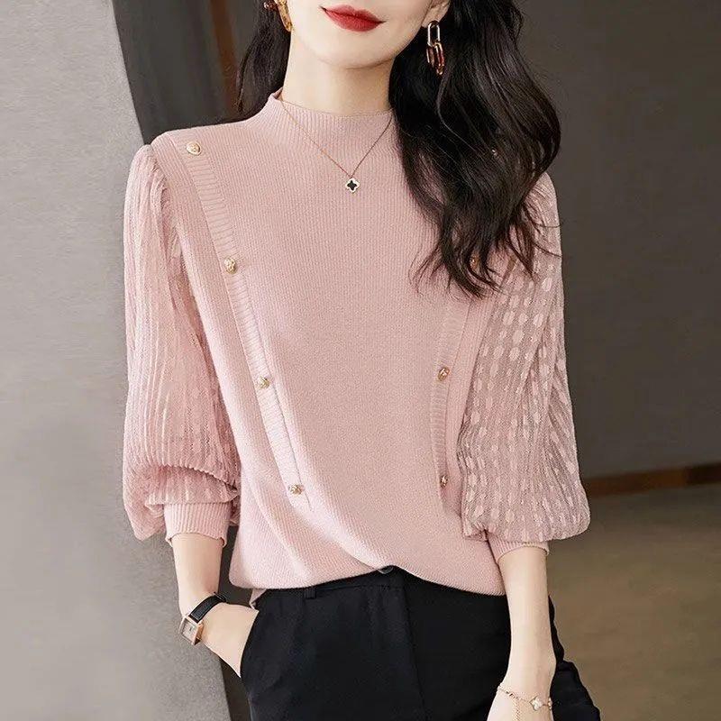 High-End Patchwork Chanel-Style Knit Sweater for Women, New Autumn and Winter Elegant Base Sweater with Versatile Lantern Sleeves, Trendy Top