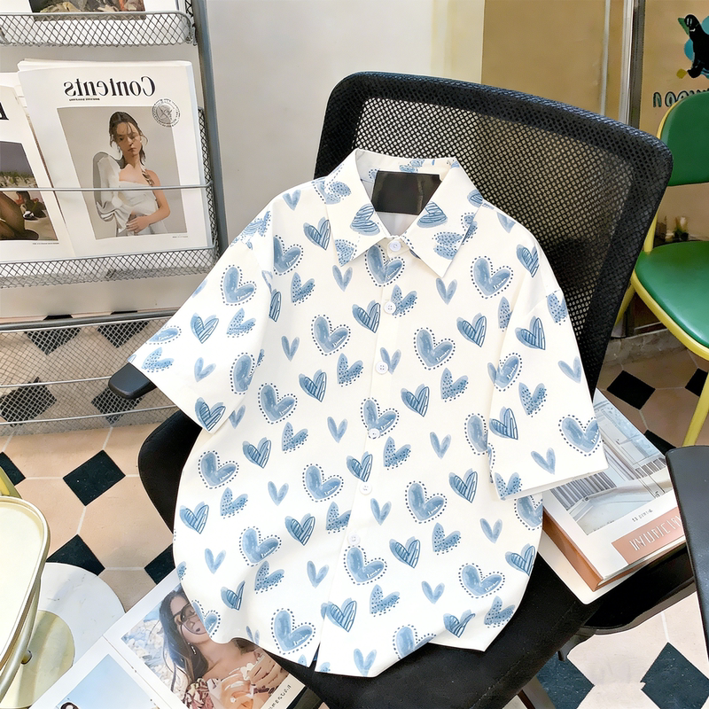All-Over Heart Print Short-Sleeve Shirt for Women, Japanese Style Hong Kong Style Shirt, Summer Korean Version, Loose and Versatile, Couple Trendy Brand Top