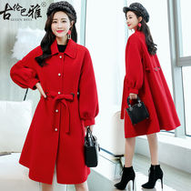 Big red wedding toast long woolen coat women 2021 autumn winter large size fat mm loose woolen coat