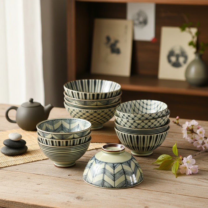 Japanese Imported Antique-Style Rice Bowl, High-Footed Bowl, Underglaze Color Ceramic, Japanese-Style Tableware, Ceramic Bowl with Stripes, Simple Rice Bowl