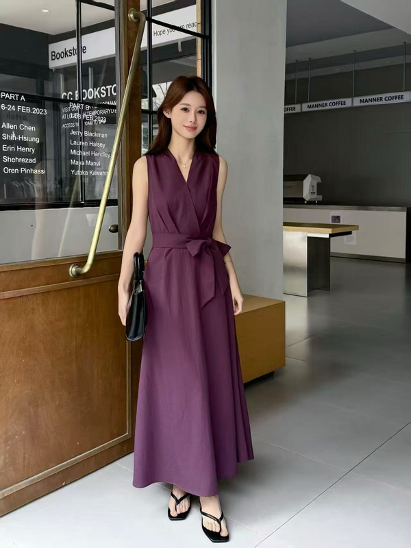 Hepburn-Style Design Linen V-Neck Tie Waist Slimming Sleeveless Vest Dress Mid-Length New Summer Style