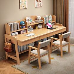 Solid Wood Children's Desk, Simple Household Double Student Study Desk and Chair with Integrated Bookshelf, Adjustable Height Children's Writing Desk