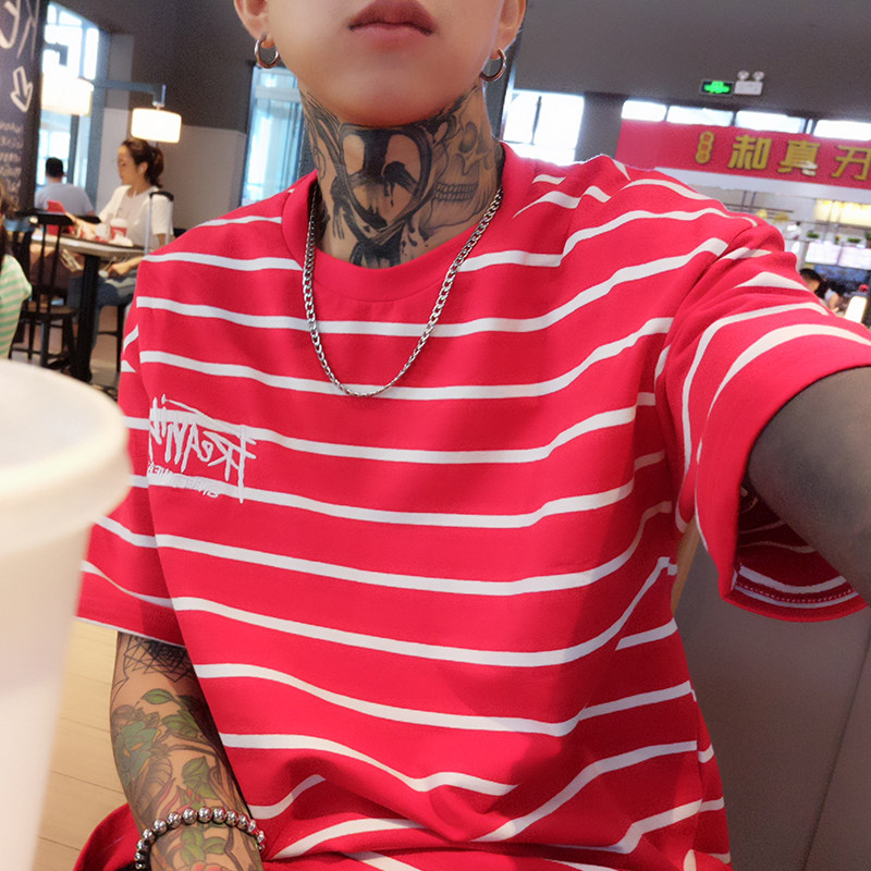 我叫得仔 欧美街头休闲条纹刺绣嘻哈bf风圆领短袖T恤男女情侣潮t