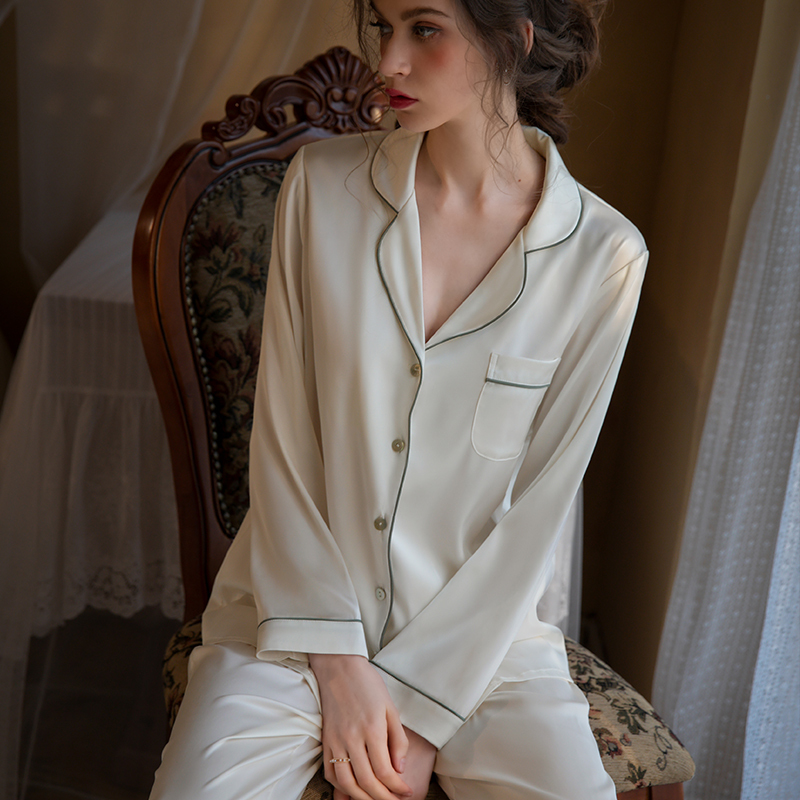 New Silk Pajamas for Women, Spring and Autumn Cardigan, Long-Sleeved Pants, Two-Piece Set, Thin Ice Silk, Can Be Worn Outside, Home Wear