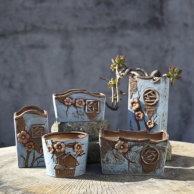 Korean hand - made fleshy flowerpot rectangle large caliber creative move coarse pottery breathable northern wind ceramic wholesale