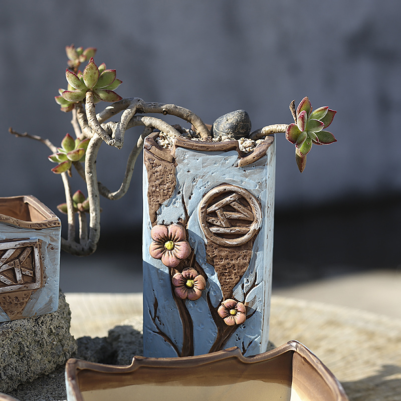 Korean hand - made fleshy flowerpot rectangle large caliber creative move coarse pottery breathable northern wind ceramic wholesale