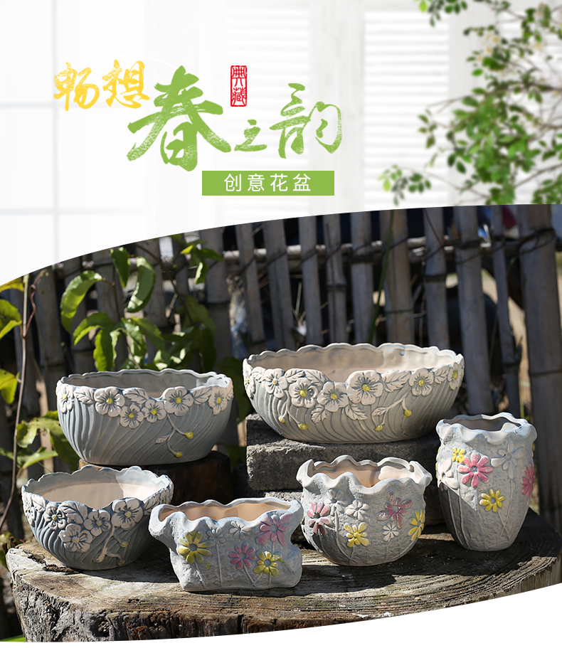 Chinese wind hand - made fleshy flower pot simple ceramic new retro coarse pottery basin fleshy meaty plant flowers