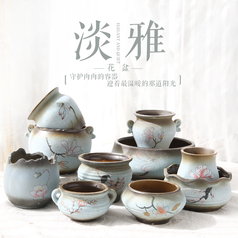 Fleshy coarse pottery through restoring ancient ways with tao large - diameter pot green plant pot blasting crack Fleshy green plant pot bag in the mail