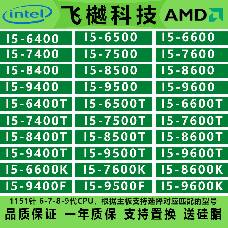 I5 6400 6500 6600 7400 7500 7600 8400 8500 8600K 9400F 9500T