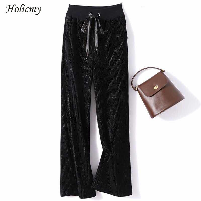 Spring and Autumn 2021 New High waist wide leg pants European station loose straight velvet pants black pants women