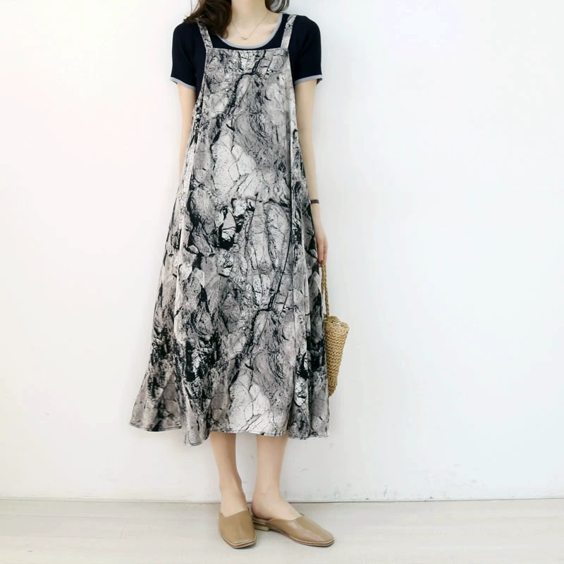 Ink tie-nhuộm nghệ thuật váy dây treo váy váy yếm cổ vuông lỏng lẻo và váy dài dây chữ A rộng dài trung bình mỏng - A-Line Váy