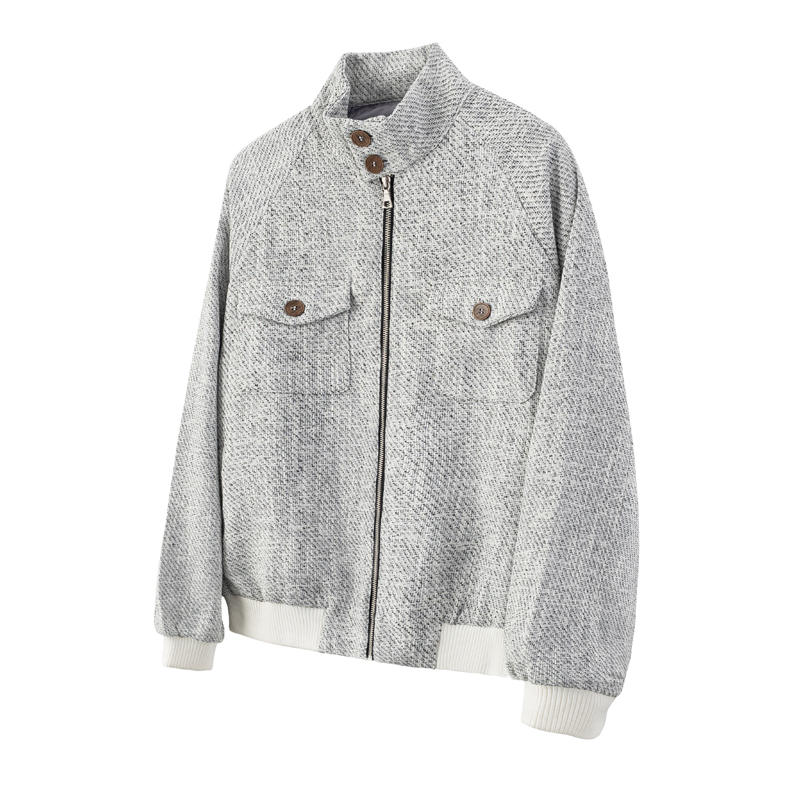 La Chute Chanel-Style Harrington Jacket Black and White Woven Coat with Stand-Up Collar for Spring and Autumn, Unisex Cleanfit