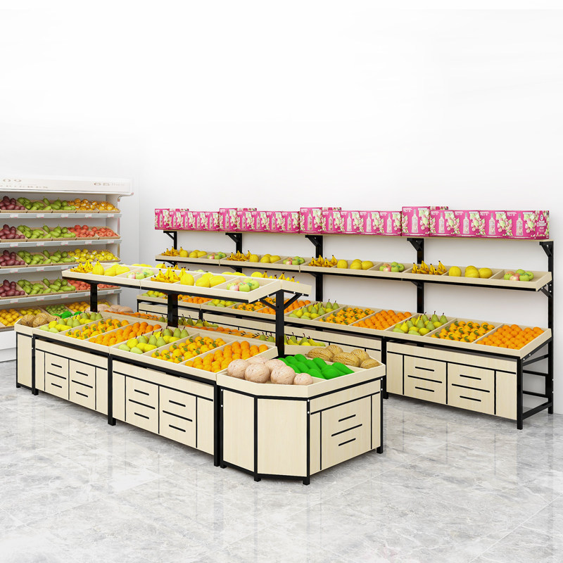Supermarket Steel Woody Fruits Vegetable Display Display Shelf Convenience Store Fresh Fruits And Vegetables Shelf Middle Island Pile Head Counter