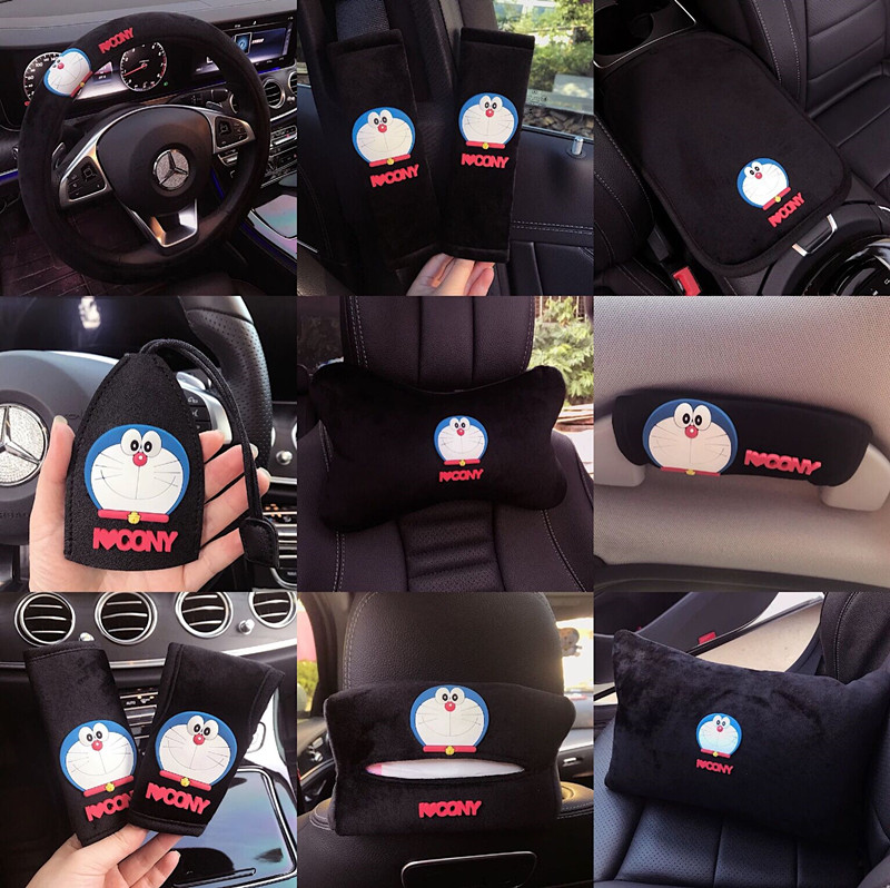 Winter cute Dingdang cat car interior set headrest waist pillow car safety shoulder cover gear gear back mirror cover