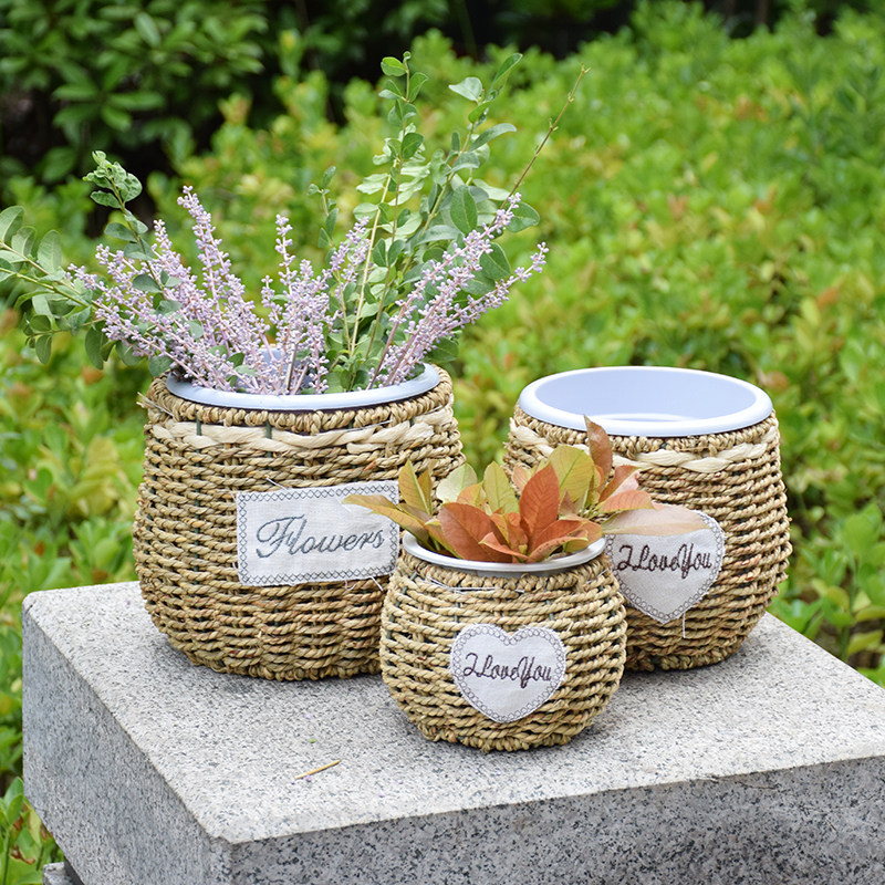 Creative straw-woven rattan flowerpot hand-woven flower basket willow flower arrangement golden kudzu succulent green planter home decoration