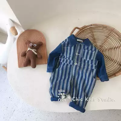 Children's denim jumpsuits boys and girls 2020 autumn clothes New style baby stripes long sleeve denim jumpsuit tide