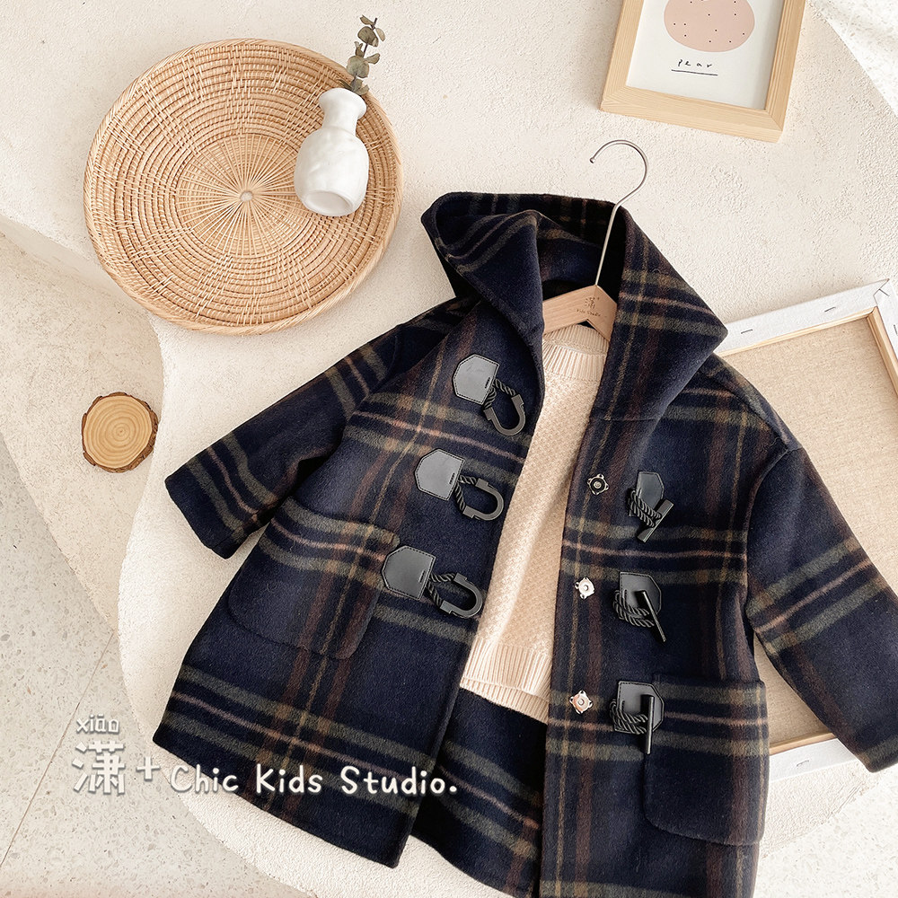Premium texture! Korean version of the plaid children's double-sided cashmere coat boys and girls Autumn and winter double-sided tweed coats