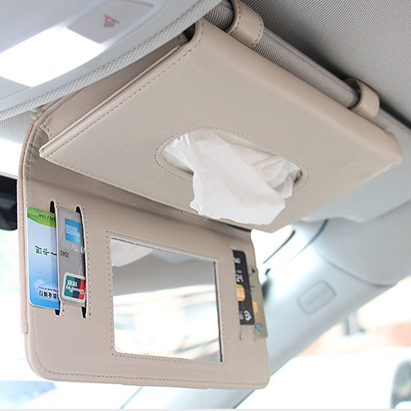 Car visor toilet paper box upscale leather car towels box multifunctional hanging tissue box containing card holder