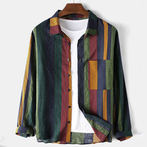 Vintage Stripe Shirt Men Long Sleeve Blouse Cotton Linen Mal