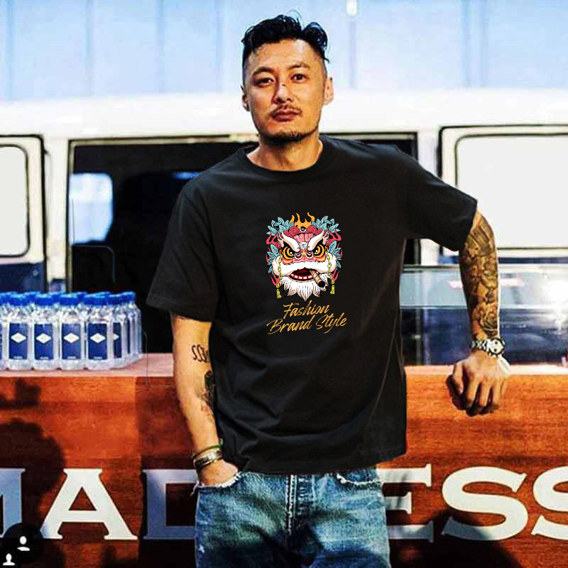 Chinese Style Lion Dance Print Men's Short-Sleeve T-Shirt, Summer Pure Cotton Loose Fit Couple's Wear, Hong Kong Style Retro Casual Base Shirt