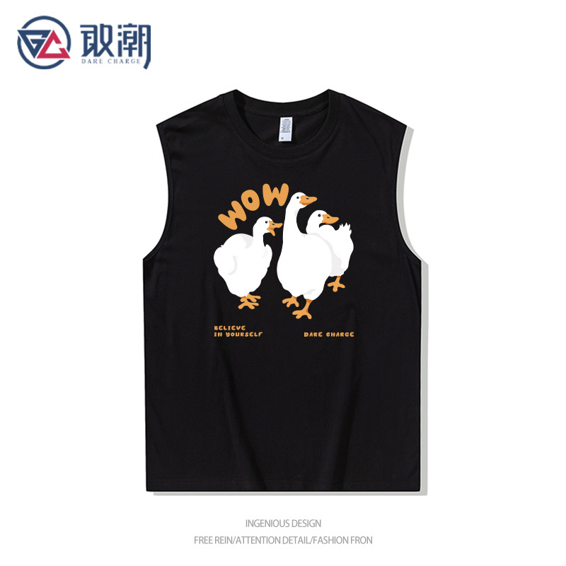 Hong Kong Style Retro Cartoon Duck Print Sleeveless Vest Men's Summer Pure Cotton Heavyweight T-Shirt Youth Base Clothes
