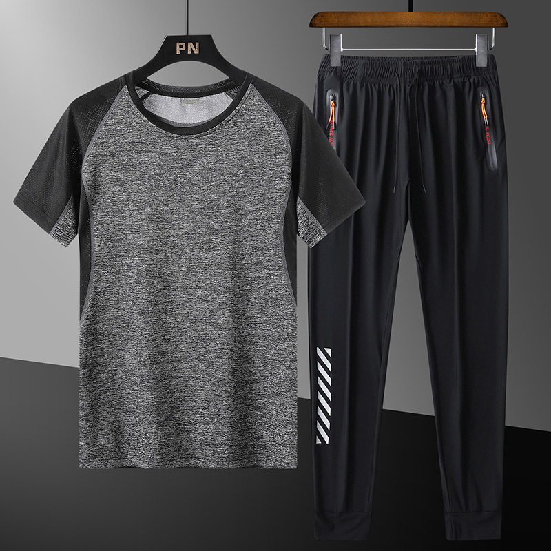 Men's short sleeve T-shirt summer trend loose large size leisure ice silk sports suit fitness fast drying clothes