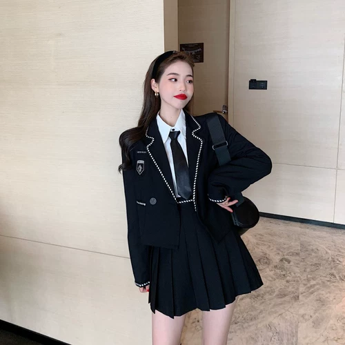 Черная студенческая юбка в складку, костюм, комплект, полный комплект, плиссированная юбка, в западном стиле