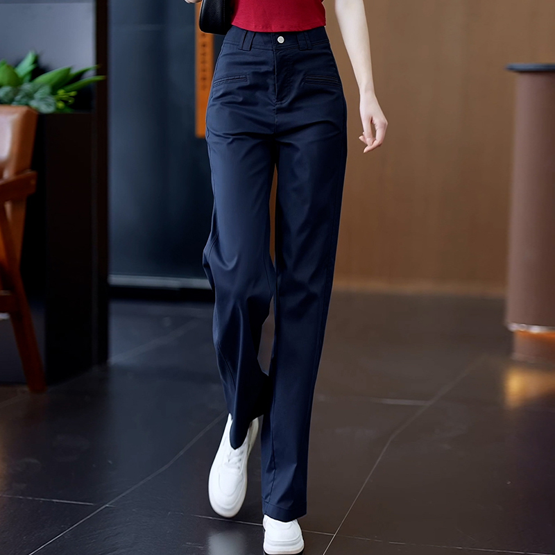 Summer Thin High-End Navy Blue Trousers, Soft Wide-Leg Suit Pants for Women, Fashionable Pear-Shaped Body Casual Straight-Leg Pants