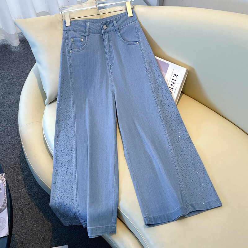 High-End Rhinestone Tencel Cropped Straight-Leg Jeans for Women, Summer Thin High-Waisted Loose Fit Petite Cropped Wide-Leg Pants