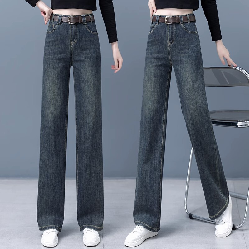 High-End 2026 Spring and Autumn New Cement Gray Wide-Leg Jeans for Women, High-Waisted, Loose, Slimming, Cropped Straight-Leg Pants