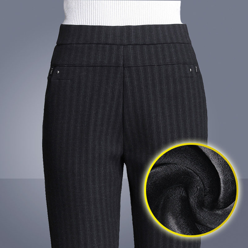 Elderly women's pants winter grandmother pants plus velvet mother pants wear stripes thin waist thick middle-aged and elderly warm pants