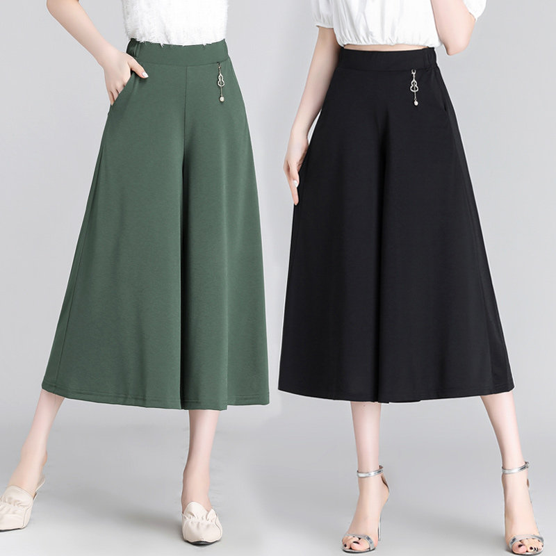 Mom Skirt Pants Summer Thin high waist mid-aged woman pants broadlegged pants 7 Pants Midlife Lady Wide Leg Wide Pants