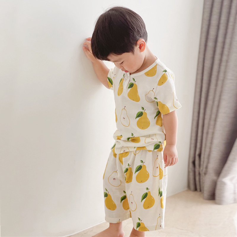 Summer parent-child bamboo cotton gauze split home service baby short-sleeved air-conditioning clothing giant skin-friendly pajamas breathable