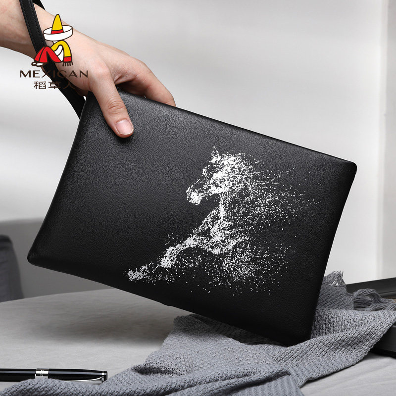 Rice straw man men's hands with buns leather envelope kits genuine leather business handbag men's new large capacity Fashion Casual Tide