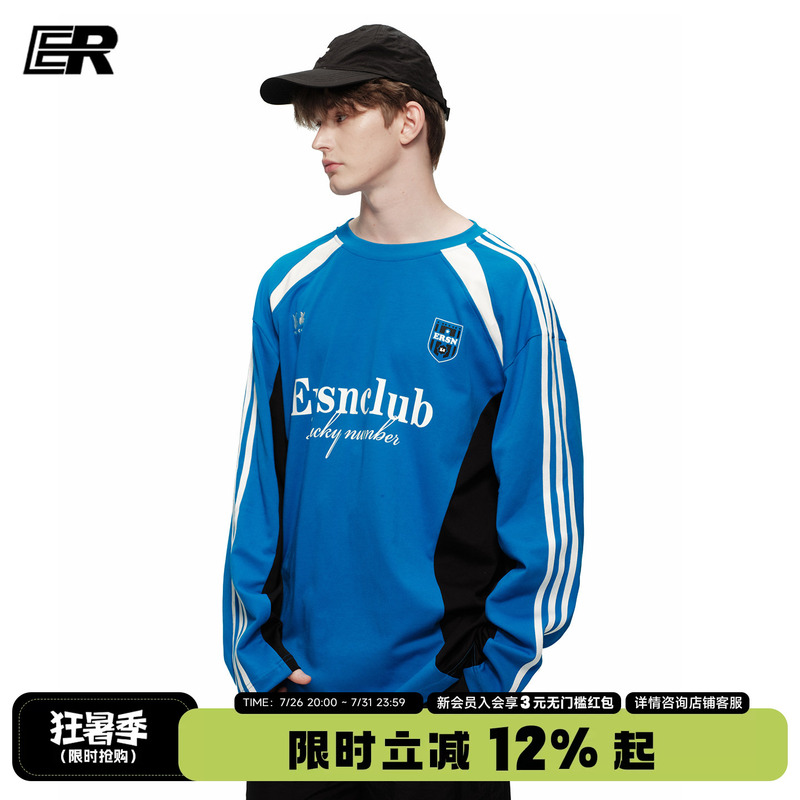 Er Color-Blocked Striped American-Style Sports Long-Sleeve T-Shirt for Men and Women, Spring Patchwork Letter Print Loose Trendy Brand Top