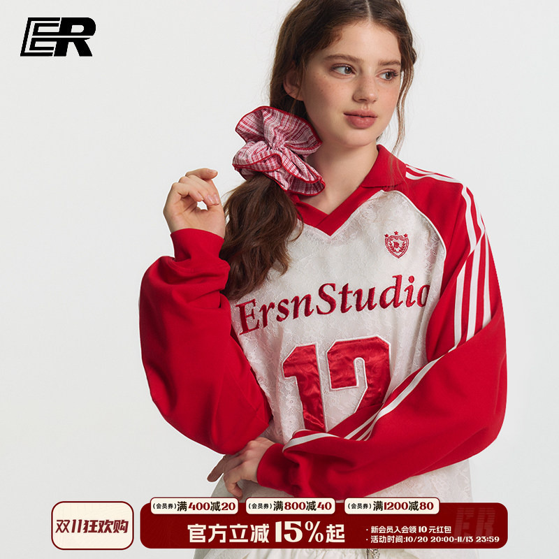 [Dong Si Cheng] Er Hollow-Out Raglan Sleeve V-Neck Long-Sleeve T-Shirt, Chinese Trendy American-Style Sports Jersey Number 12 Cover-Up for Men and Women