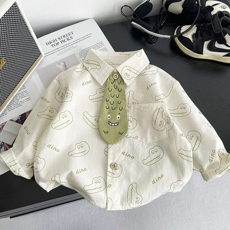 Boys' Shirt Jacket Spring 2026 New Children's All-Over Print Long-Sleeve Top Fashionable Baby Casual Tie Shirt